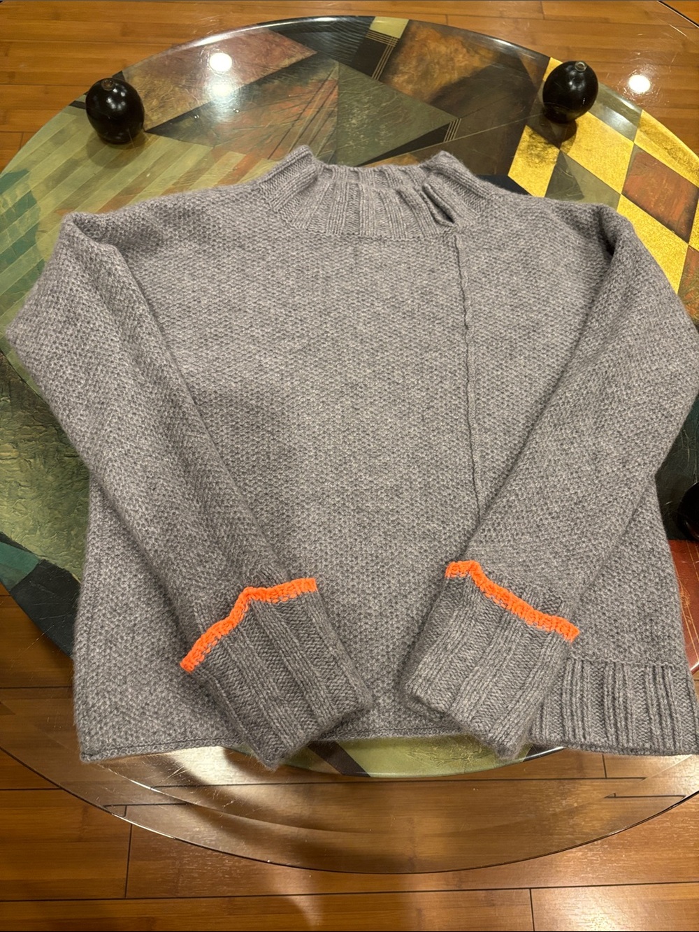 Lisa Todd Gray Turtleneck Sweater with Orange Cuff Trim